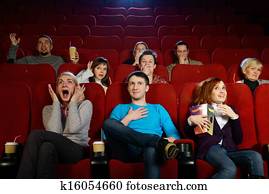 grupa kawalerki, oglądający film, w, kino