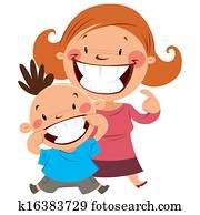 Happy mom and son smiling showing their teeth Happy mom and son smiling showing their teeth