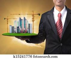 homem negócio, e, predios, construir