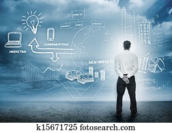 homem negócios, considerando, um, brainstorm, para, marketing