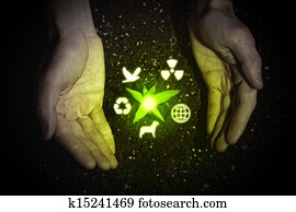 Human hands and ecology symbols Human hands and ecology symbols
