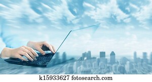 hände, mit, laptop-computer, keyboard.