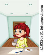 Illustration of a woman inside the room drinking her coffee while making a report