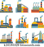 Industrial factory buildings icons set in flat design style. Industrial factory buildings icons set in flat design style.