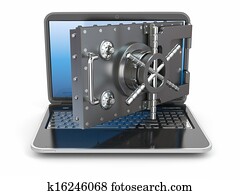 Internet security. Laptop and opening safe deposit box's door. Internet security. Laptop and opening safe deposit box's door.