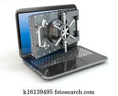Internet security.Laptop and opening safe deposit box's door.