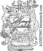 inverno, solstício, cartão, desenho