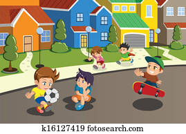 Kids playing in the street of a suburban neighborhood Kids playing in the street of a suburban neighborhood
