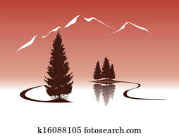 lake and firs in the mountains landscape illustration