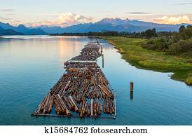 Logs on River and Distant Mountains