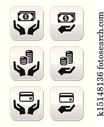 mains, à, argent, vecteur, boutons, ensemble