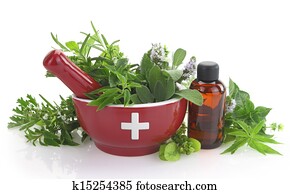 Mortar with medicine cross, fresh herbs and essential oil bottle Mortar with medicine cross, fresh herbs and essential oil bottle