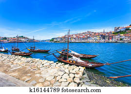 oporto, ou, porto, skyline, douro, rio, e, boats., portugal, europe.