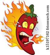 pimentão quente, pimenta, fogo, caricatura