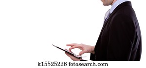 Portrait of young business man using a touch screen device against white background