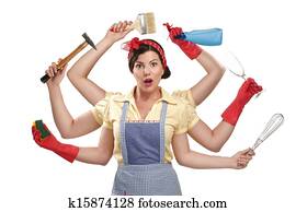 pretty very busy multitasking housewife on white pretty very busy multitasking housewife on white