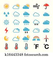 previsão tempo, coloridos, ícones