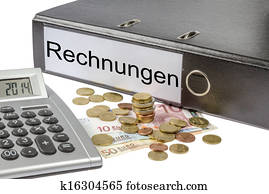 rechnungen, binder, taschenrechner, und, währung