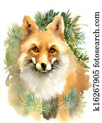 retrato, de, um, raposa, com, ramos