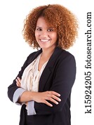 retrato, de, un, joven, americano africano, mujer de negocios, aislado, blanco, plano de fondo, -, negro, gente