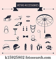 Retro personal accessories, icons and objects of 1920s style. Retro personal accessories, icons and objects of 1920s style.