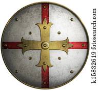 Round medieval shield with golden cross Round medieval shield with golden cross