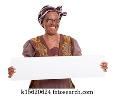 senior african woman holding blank banner