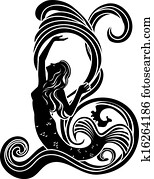 sereia, em, ondas, pretas, cliché