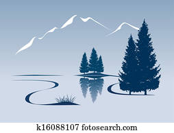 stylized, ilustração, mostrando, um, rio, e, paisagem montanha