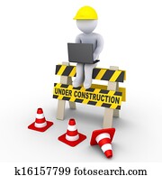 Under construction sign and a worker with laptop Under construction sign and a worker with laptop