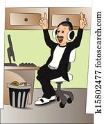 vector, van, man, horende muziek, op, headphones, op, kantoor.