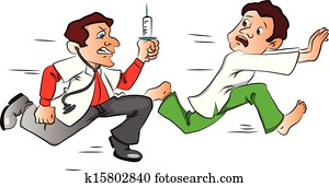 vektor, von, männlich, patient, entkommen, von, doktor, mit, a, syringe.