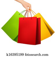 weibliche hand, halten, buntes, shoppen, bags., vektor, illustration.