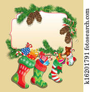 X-mas and New Year card with family Christmas stockings. Frame with empty space for text.