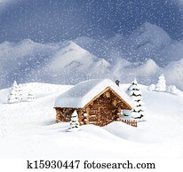 חג המולד, נוף של חורף, צריף, השלג