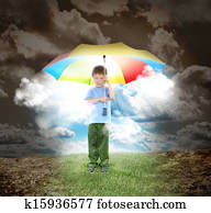 מטריה, בחור, עם, קרנות, של, אור שמש, ו, קוה