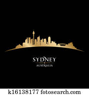 סידני, אוסטרליה, קו רקיע של עיר, צללית, רקע שחור