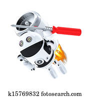 רובוט, עם, screwdriver., מהיר, מחשב, שרת, מושג