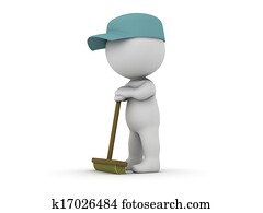 3D Man Janitor waiting leaning on b 3D Man Janitor waiting leaning on b