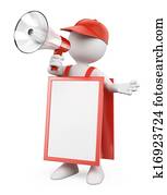 3D white people. Blank sandwich board man with a megaphone 3D white people. Blank sandwich board man with a megaphone
