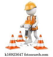 3D white people. Worker with a jackhammer 3D white people. Worker with a jackhammer