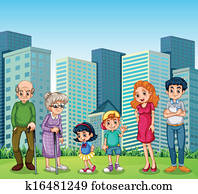 A family with the grandparents in front of the building A family with the grandparents in front of the building