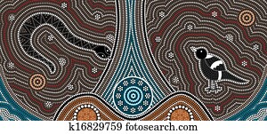 A illustration based on aboriginal style of dot painting depicting Fierce Snake and Magpies A illustration based on aboriginal style of dot painting depicting Fierce Snake and Magpies
