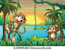A lake with crocodiles and monkeys playing A lake with crocodiles and monkeys playing