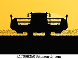 Agricultural combine harvester in grain field seasonal farming landscape scene illustration background vector Agricultural combine harvester in grain field seasonal farming landscape scene illustration background vector