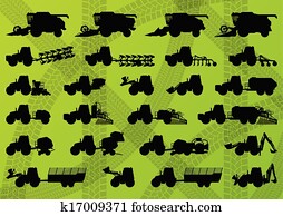 Agriculture industrial farming equipment tractors, trucks, harvesters, combines and excavators detailed silhouettes illustration collection background vector Agriculture industrial farming equipment tractors, trucks, harvesters, combines and excavators detailed silhouettes illustration collection background vector