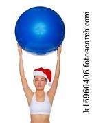 aziatisch meisje, met, blauwe bal, boven, zijn, hoofd