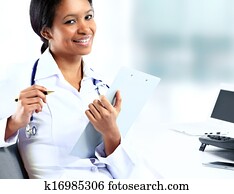 bonito, fêmea americana africana, enfermeira pediátrico, em, modernos, escritório