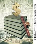 Businessman on a ladder managing the growth of a money as a dollar sign on stacked books, concept