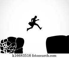 Businessman with a briefcase jumping from a crumbing mountain rock to another safer rock Concept design vector illustration art of reaching safety from an risky unsafe business environment Businessman with a briefcase jumping from a crumbing mountain rock to another safer rock Concept design vector illustration art of reaching safety from an risky unsafe business environment
